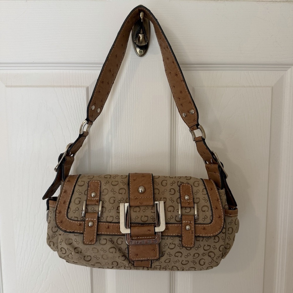 VTG GUESS Signature Shoulder Bag Purse Y2K Buckle Ostrich Leather Strap Bratz